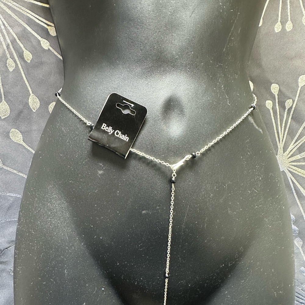 Belly Chain 40” long Silver tone with black beads